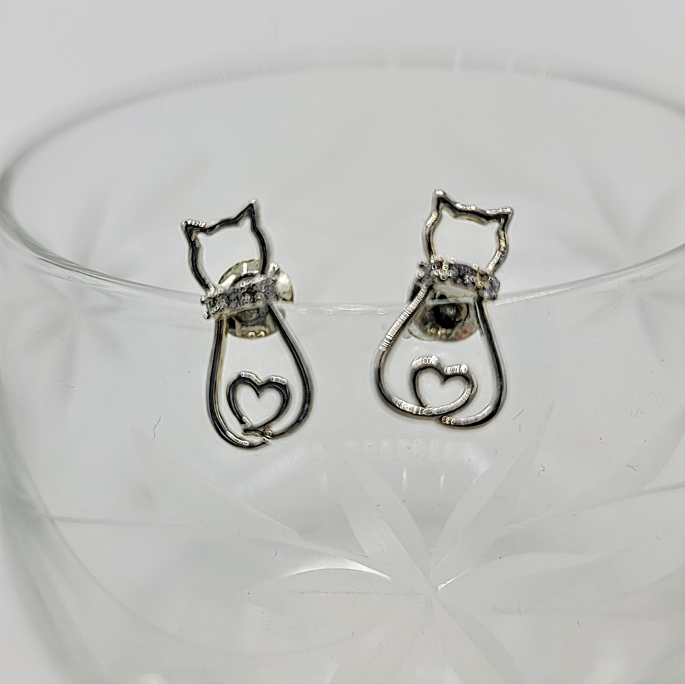Cat Earrings Dainty Openwork Kitten Silver tone Studs Rhinestone Accents